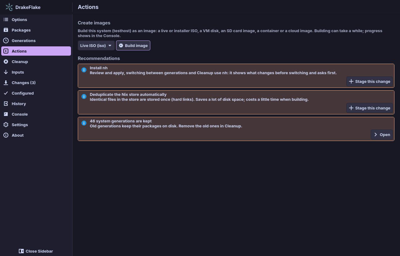 The Actions page with image building and recommendations