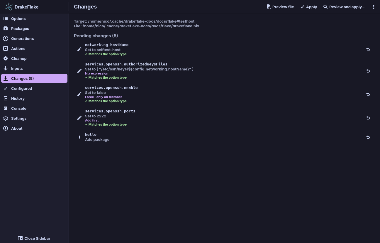 The Changes page with five pending changes