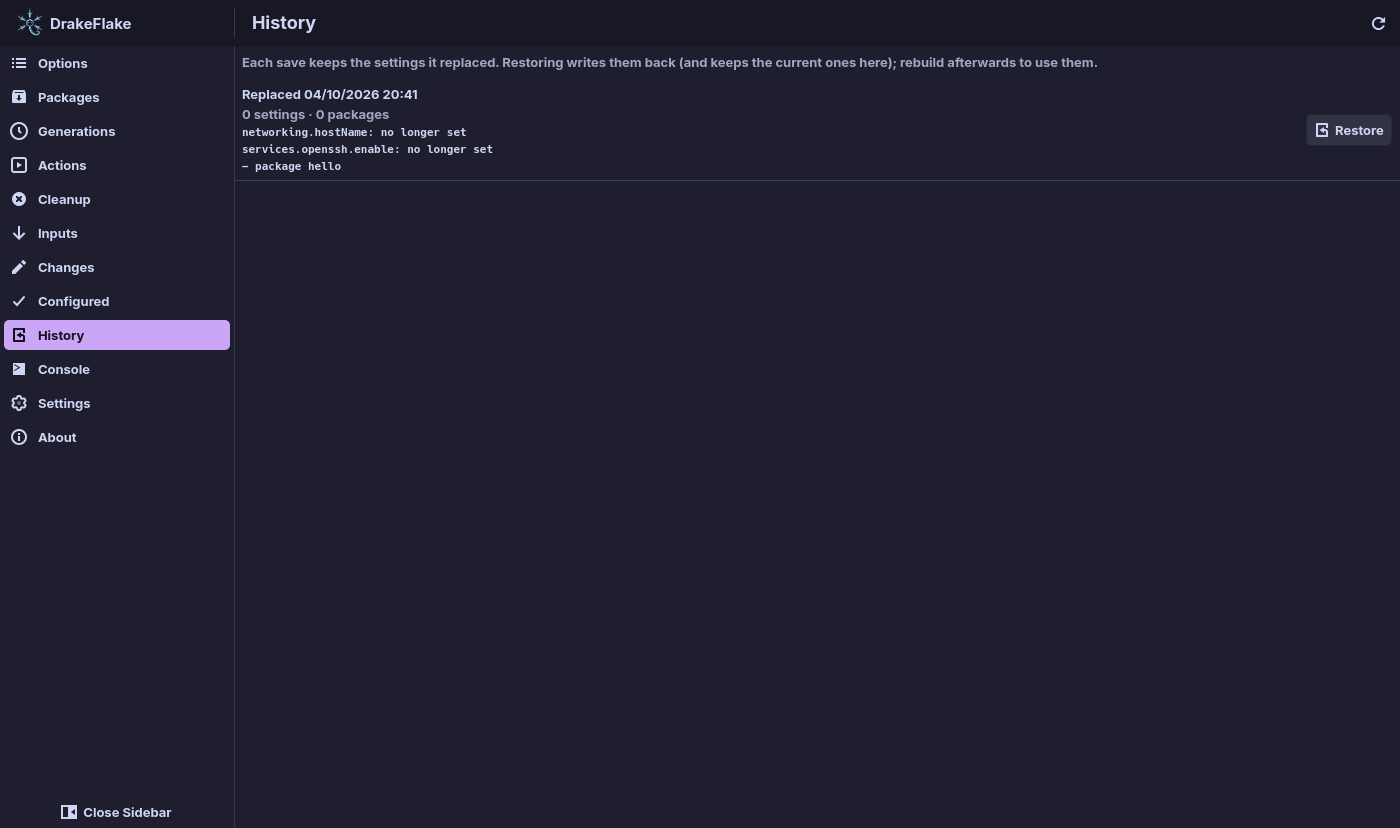 The History page with one earlier state