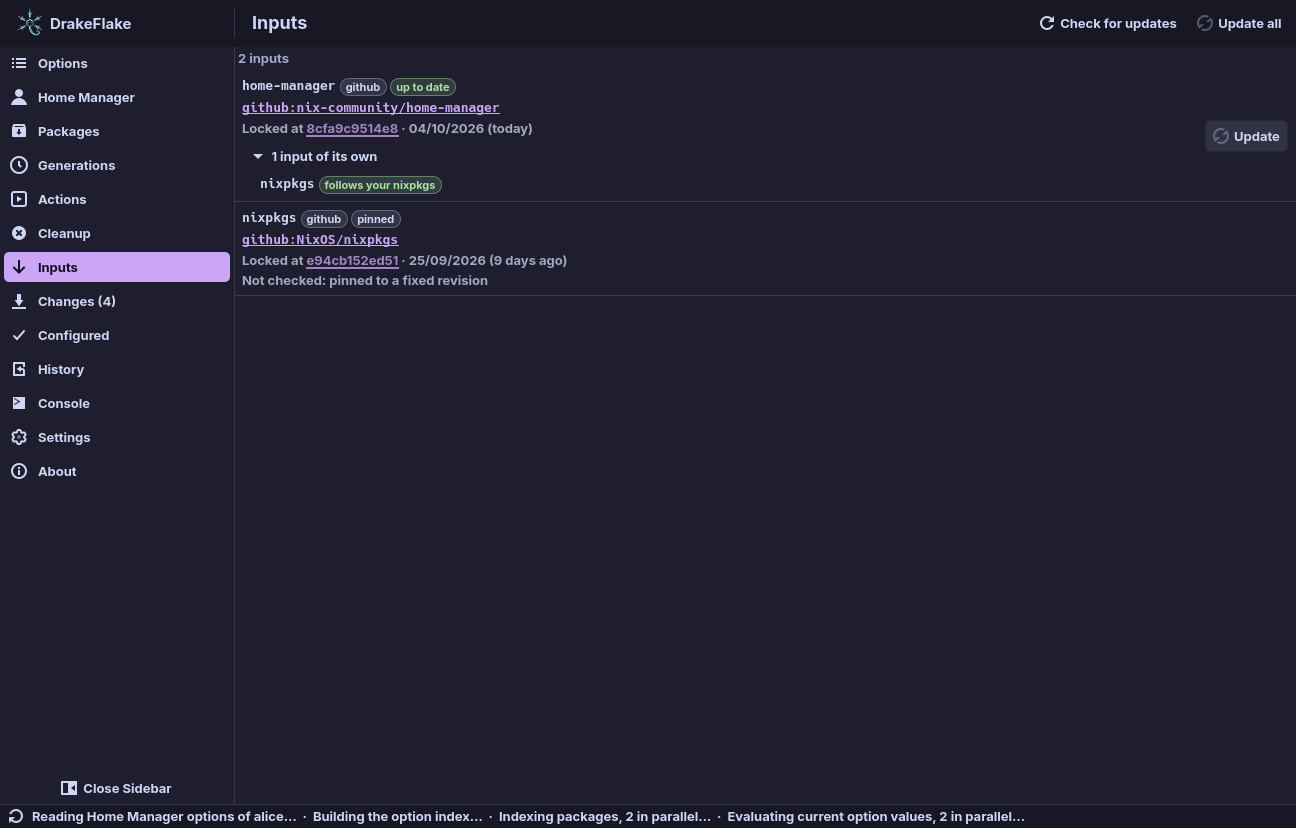 The Inputs page with home-manager and nixpkgs