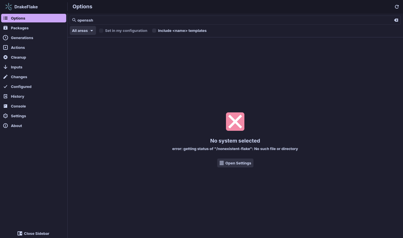 The Options page when the configured flake does not exist