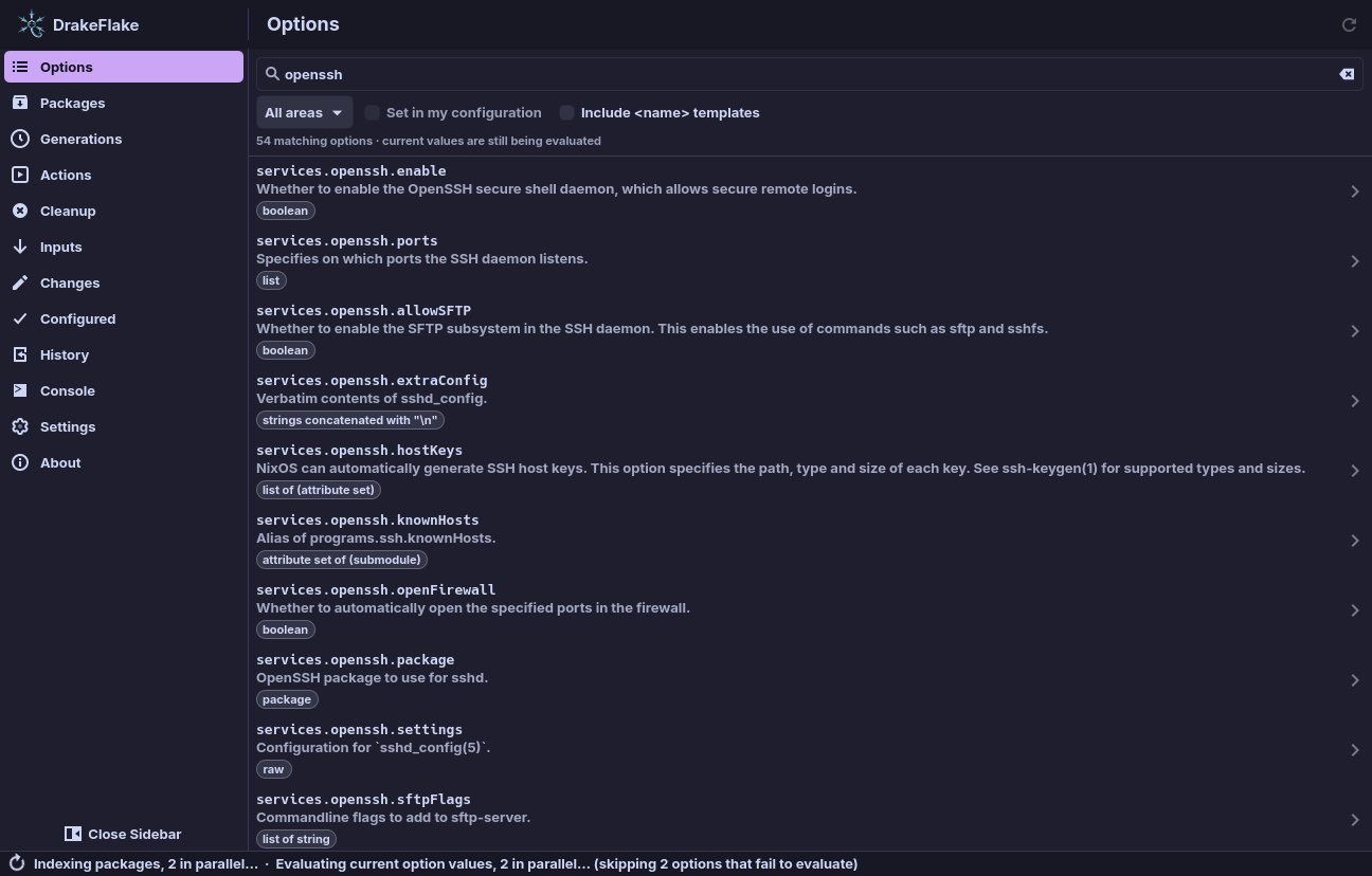 The Options page with a search for openssh