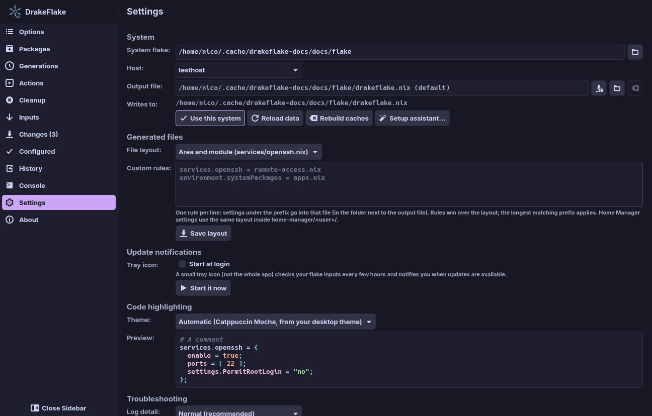 The Settings page